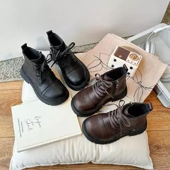 Boys Girls Ankle Boots British Style Children Short Boots with Side Zipper 2024 New Fashion Kids Leather Boots Retro Non-slip 26 чёрный