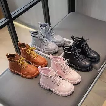 Boys Girls Ankle Boots Round Toe Fashion Kids Short Boots Wear-resistant 2024 Autumn New Children Leather Boots Versatile Simple 26 чёрный
