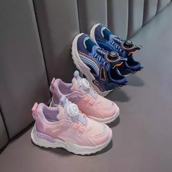 Boys Girls Casual Running Shoes Thick Soft Sole Kids Sports Shoes Non-slip 2024 New Sneakers with Rotating Buttons for Students 26 синий