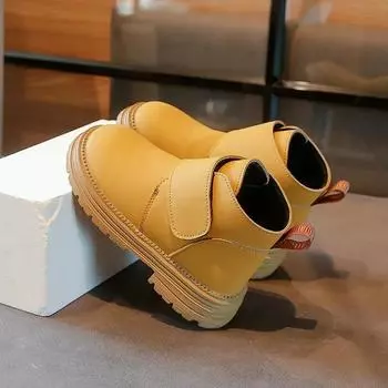 Boys Girls Short Boots Non-slip Hook&loop Kids Ankle Boots Dirt-Proof 2024 Autumn New Kids Leather Boots Solid Color Versatile 21 жёлтый