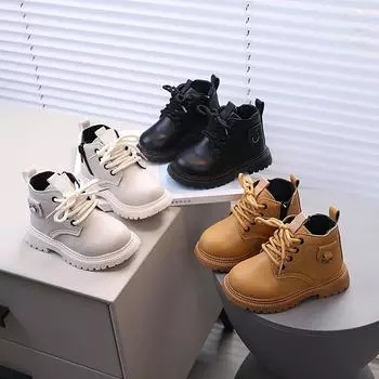 Boys Girls Short Boots with Metal Decoration Kids Ankle Boots Soft Sole 2024 New Children Motorcycle Boots Fashion Versatile 21 бежевый