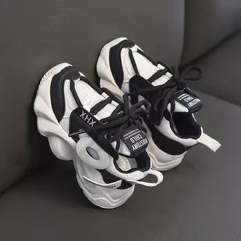 Boys Girls Sneaker Mesh Breathable Versatile Running Shoes for Students Thick Soft Sole 2024 New Fashion Kids Sneakers Hook&loop 26 чёрный