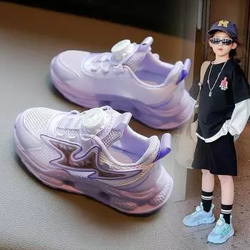 Boys net shoes 2025 summer new rotating button mesh breathable shoes Korean version girls lightweight non-slip Shoes 27 фиолетовый