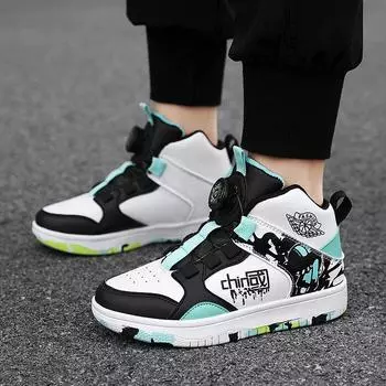 Обувь для мальчиков, кроссовки, новые детские кроссовки для сноуборда, высокие кроссовки для мальчиков с вращающимися кнопками, для начальной школы, баскетбольные кроссовки с нескользящей подошвой 35