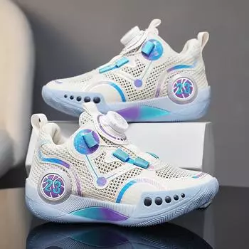 Boys Shoes Sports Mesh Shoes Rotating Button Youth Breathable Mesh Shock Absorption Children s Basketball Shoes Students 31 синий