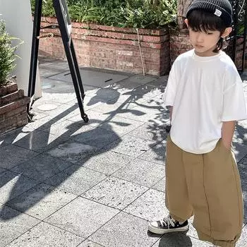 Boys Spring and Summer Round Neck Handsome T-shirt Middle and Big Children Solid Color Short-sleeved Casual Sports Tops 160 белый