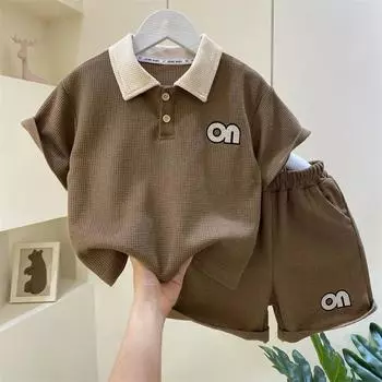 Boys Summer Casual Suit In Small Children Short-sleeved Polo Collar Top + Shorts Handsome Cute Two-piece Suit 150 бежевый