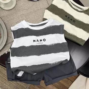 Boys Summer Thin Striped Bottom Shirt Middle Kids Round Neck Sleeveless Casual Pullover Top 130 зелёный