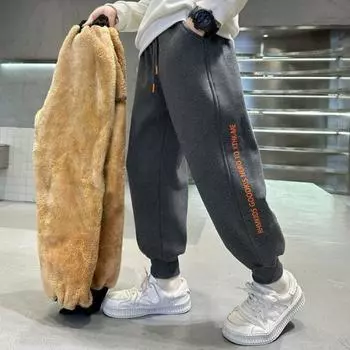 Boys Thick Wool Pants Winter Plush Velvet Trousers Children Cotton Sports Pants Big Kids Warm Snow 170cm чёрный