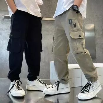 Брюки для мальчиков Tide Весенние и летние свободные брюки на шнурке Спортивные повседневные красивые брюки Детские брюки 170cm чёрный