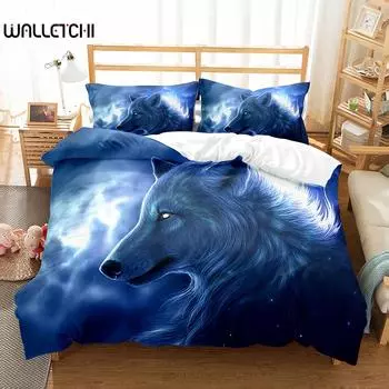 Boys Wolf Duvet Cover Set Queen Size, Boho Wolf Wildlife Forest King Animal Bedding Set Polyester Quilt Cover With Pillowcase EU single(135x200cm)