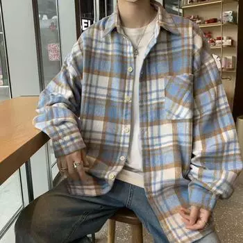 BOYUE Korean Style Brushed Long Sleeve Plaid Shirt Versatile Student Casual Stylish Trendy Color Block Men s Jacket M зелёный