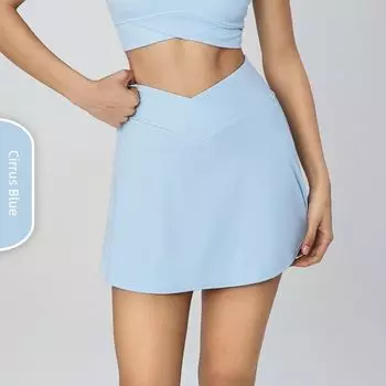 BR Ice Mint Summer Fake Two-Piece Yoga Skirts Women Elastic Cross Waist Exercise Skirt inside Pocket Tennis Skirt Cirrus blue 10