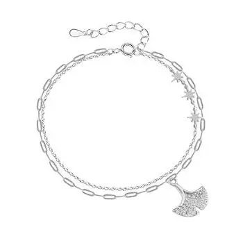 Bracelet Temperament Romantic Ginkgo Mango Double-Layer Bracelet Light Luxury With Sparkling Diamonds Octagram Apricot Leaf Jewelry Copper (White Gold)