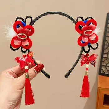 Braid Hair Children Wig Headband Tassel Hanfu Hair Sticks All-match Red Bow Hairband Baby Style 4