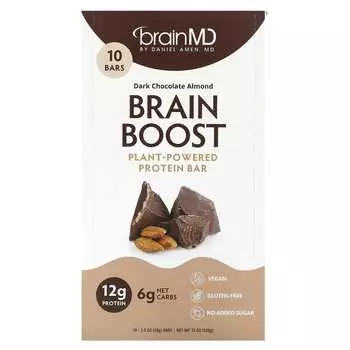 BrainMD, Brain Boost, протеиновые батончики на растительной основе, темный шоколад и миндаль, 10 батончиков, 1,5 унции (50 г) Каждый