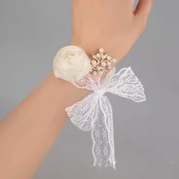 Branch Silk Ribbon Bracelet Bride Wrist Flower Bridesmaid Floral Wristlet Wedding Wrist Flower beige-simple