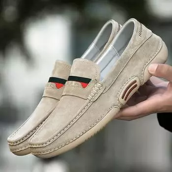 Brand 2024 New Men s Suede Loafers Fashion Casual Soft Leather Shoes Moccasins Breathable Non-Slip Driving Shoes Big Size Hot 38 бежевый