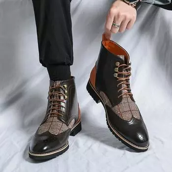 Брендовые классические коричневые высокие мужские туфли, размер 38-48, формальные туфли с острым носком, мужские кожаные ботинки на шнуровке для мужчин, винтажные ботинки 38 коричневый