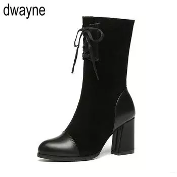 Brand Design Female Boots Leather Cross-tied Lace Up Women Boots Wool Knitting Female Motorcycle Boots hjm9 34 чёрный