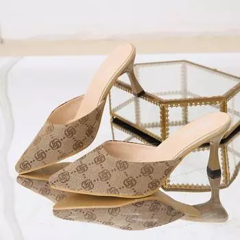 Брендовые босоножки на высоком каблуке женские летние туфли 2024 года с цветочным принтом на тонком каблуке женские тапочки с острым носком туфли для вечеринок шлепанцы 35 хаки