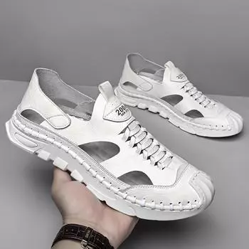 Brand Design High Quality Handmade Woven Sandals Men Vintage Flat Round Toe 100% Genuine Leather Beach Shoes Mens Roman Sandals 38 чёрный