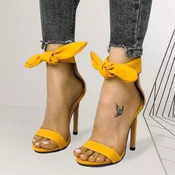 Brand Designer Pink Yellow Suede High Heel Sandals Ankle Big Bowknot Gladiator Sandal Shoes Single Strap Thin Heel Pumps 25 36 жёлтый