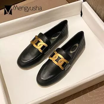 Брендовые дизайнерские туфли из кожи женские с металлическими цепочками на плоской подошве британские туфли-оксфорды для девочек женские универсальные одинарные мокасины 5 чёрный