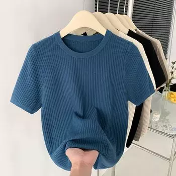 Brand Discount Cut Label Export Summer round Neck Short Sleeves Knitwear Women s Western Style All-Matching Bottoming Shirt Chic Tops Trendy Gray Blue 500 pieces from 29 yuan