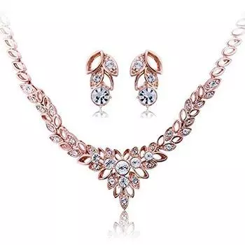Brand IUHA 18K Pink Gold Plated Leaf Motif Necklace Earrings Set Austrian CZ Diamond Metal Allergy and Tarnish Prevention Accessories Gift &