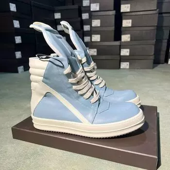 Brand Men Shoe R-o Wathet Blue Leather High Top Shoes Sneaker Women Boots Casual Shoes Zipper Geobasket Ankle Boot Sneakers 34