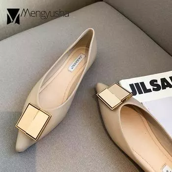 Brand Metalic Buckle Shoes Ladies Solid Leather Shoes 2024 Spring WomenPointed Toe Ballerinas Flats Work Moccasins Girls Lolita 5 чёрный