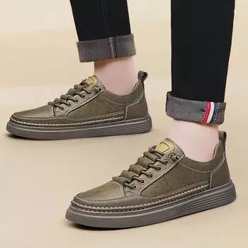 Brand New 2024 Men Casual Leather Vulcanized Shoes Non-slip Stylish Outdoor Sports Shoes Fashion Male Flat Genuine Leather Shoes 38 чёрный