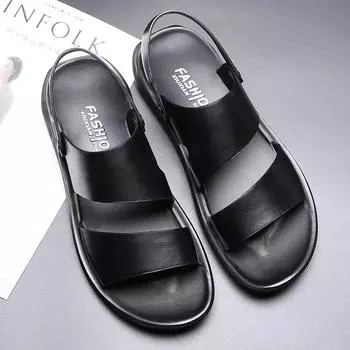 Brand New Shoes for Men Gladiator Genuine Leather Sandals Cow Leather Casual Slipper Man Cool Beach Shoes 38 чёрный