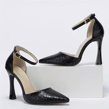 Совершенно новые женские летние черные туфли Sanke Veins с острым носком, большие размеры, туфли с ремешком на щиколотке, вечерние офисные женские туфли-лодочки на высоком каблуке 43 чёрный