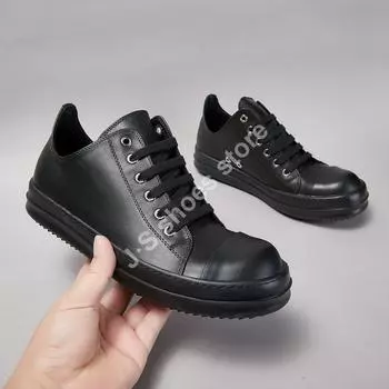 Brand Outdoor R-o Shoe Men Full Black Leather Shoes Women Low Top Sneaker Luxury Lace Up Black Cowhide Flat Casual Sneakers 34