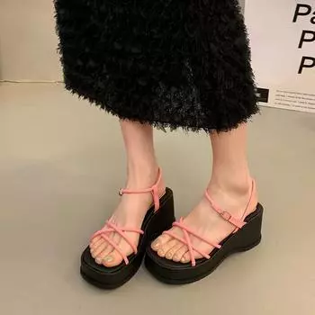 Brand Women Summer Chunky Adjustable Buckle Strap Shoes Wedge High Heel Comfy Peep Toe Sandals Thick Sole Platform Sandalias 35 розовый
