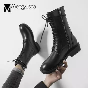 Brand Zipper&Lace Up Motorcycle Boots Ladies Shoes Winter Snow Booties Solid Leather Botas Femme Short Boots Ankle Chelsea Shoe 4.5