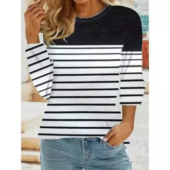 BrandAutumn женская футболка с длинными рукавами и круглым вырезом, полосатый пуловер с принтом, элегантные свободные топы больших размеров в стиле ретро L