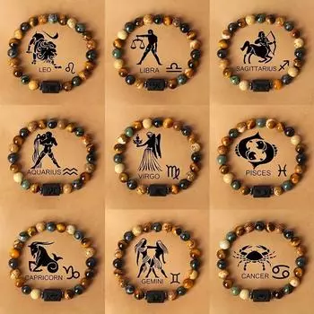 Браслет 12 созвездий для мужчин и женщин, браслет из натуральных камней и бусин, модные ювелирные изделия, аксессуары, подарки для пар, дружбы Aquarius