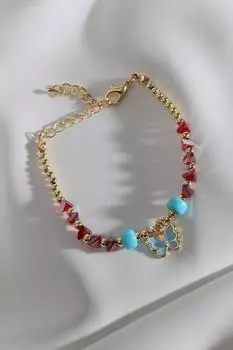 Браслет-бабочка из синей эмали и хрустального камня в виде цветка граната