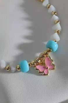 Браслет-бабочка с розовой эмалью и белым хрустальным камнем