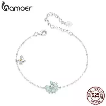 Браслет Bamoer из стерлингового серебра 925 пробы, мятно-зеленый браслет с ромашками, мини-цепочка в виде пчелы для женщин и девочек, вечерние ювелирные изделия на день рождения, подарок SCB270