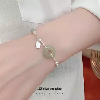 Браслет Banyan Tree S925 Silver Peace Buckle с пряжкой и нефритом Хотан - Новый китайский стиль для женщин Silver-White Agate белый