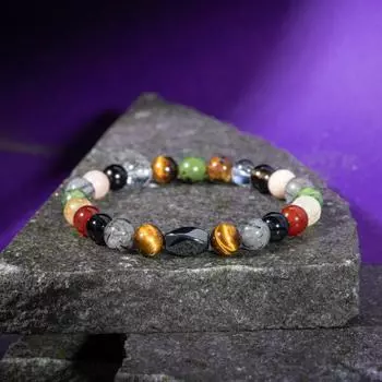 Браслет Близнецы Солнечный камень, тигровый глаз, красный агат, кристаллический кварц, рутиловый кварц, цитрин, нефрит