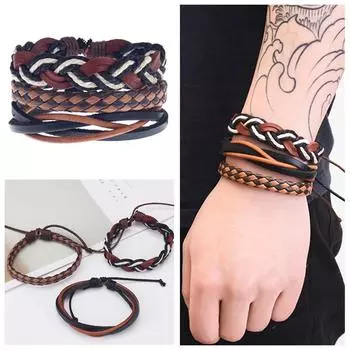 Браслет Браслет 3 шт./комплект Браслет Плетеный Bowhide Ювелирные изделия Набор Многослойные кожаные мужские и женские аксессуары