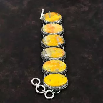 Браслет Bumble Bee Jasper Браслет из стерлингового серебра 925 пробы Браслет ручной работы из драгоценных камней Уникальные ювелирные изделия Регулируемый браслет-цепочка Винтажный браслет Adjustable