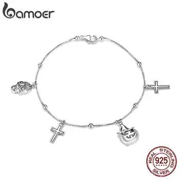 Браслет-цепочка Bamoer из стерлингового серебра 925 пробы, серебряные браслеты с звеньями Happy Halloween, оксидированные браслеты, ювелирные изделия, подарки для девочек 925 silver