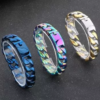 Браслет-цепочка из кубинских звеньев из нержавеющей стали для мужчин, 7 разных цветов, мужские браслеты, ювелирные изделия, аксессуары, подарки, ширина браслета 15 мм 21.5CM