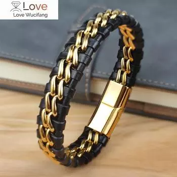 Браслет-цепочка из натуральной кожи для мужчин с магнитной застежкой из нержавеющей стали черного, серебряного и золотого цветов, эксклюзивные ювелирные изделия, отличная идея для подарка 18.5cm